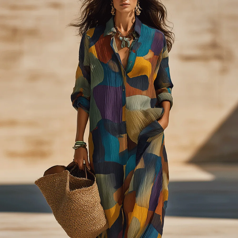 Women Abstract Print Shirt Maxi Dress Turn‑down Collar Button Roll‑Up Sleeve Loose Casual Daily Holiday Vestidos Robe