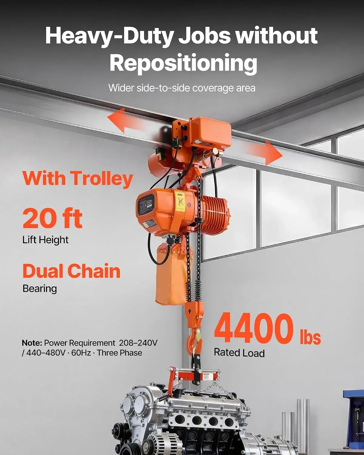 VEVOR 4400lbs Electric Chain Hoist with Power Trolley, 2-Speed Operation, 20ft Lifting Height, 3-Phase 208-240V/440-480V Overhea