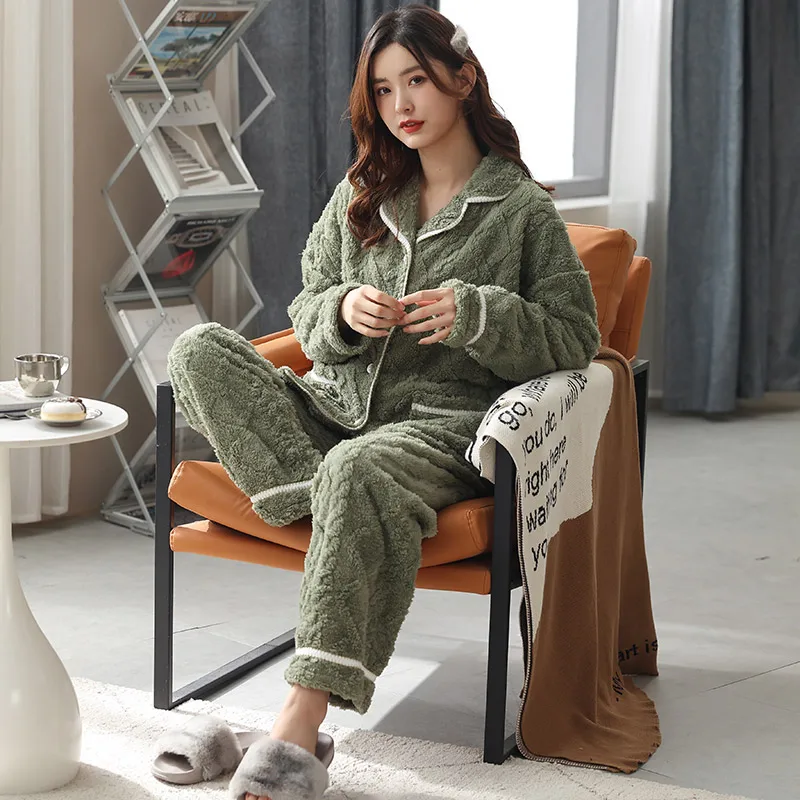 Winter Casual Soft Women Pajamas Sets Flannelette Brushed Cotton Long Sleeve Lapel Cardigan Warm Autumn Sleepwear Women Pyjamas