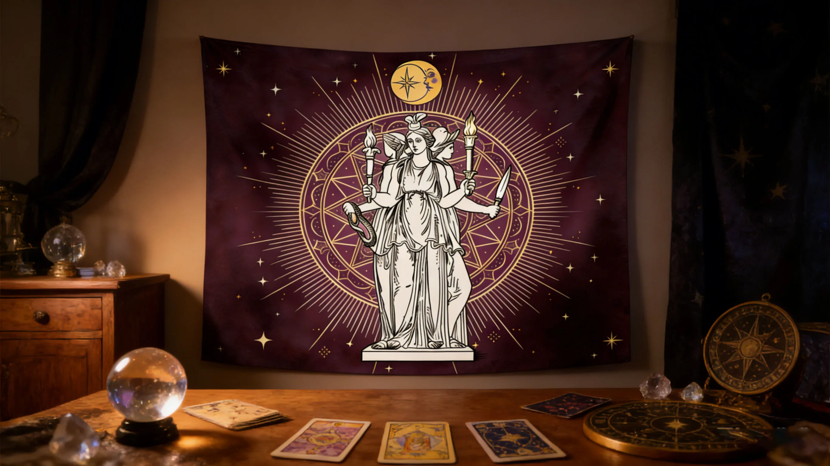 Tarot Tapestry Hecate Goddess Mandala Pattern Hanging Hippie Astrology Divination Witch Theme Tapestry Occult Tarot Tapestry