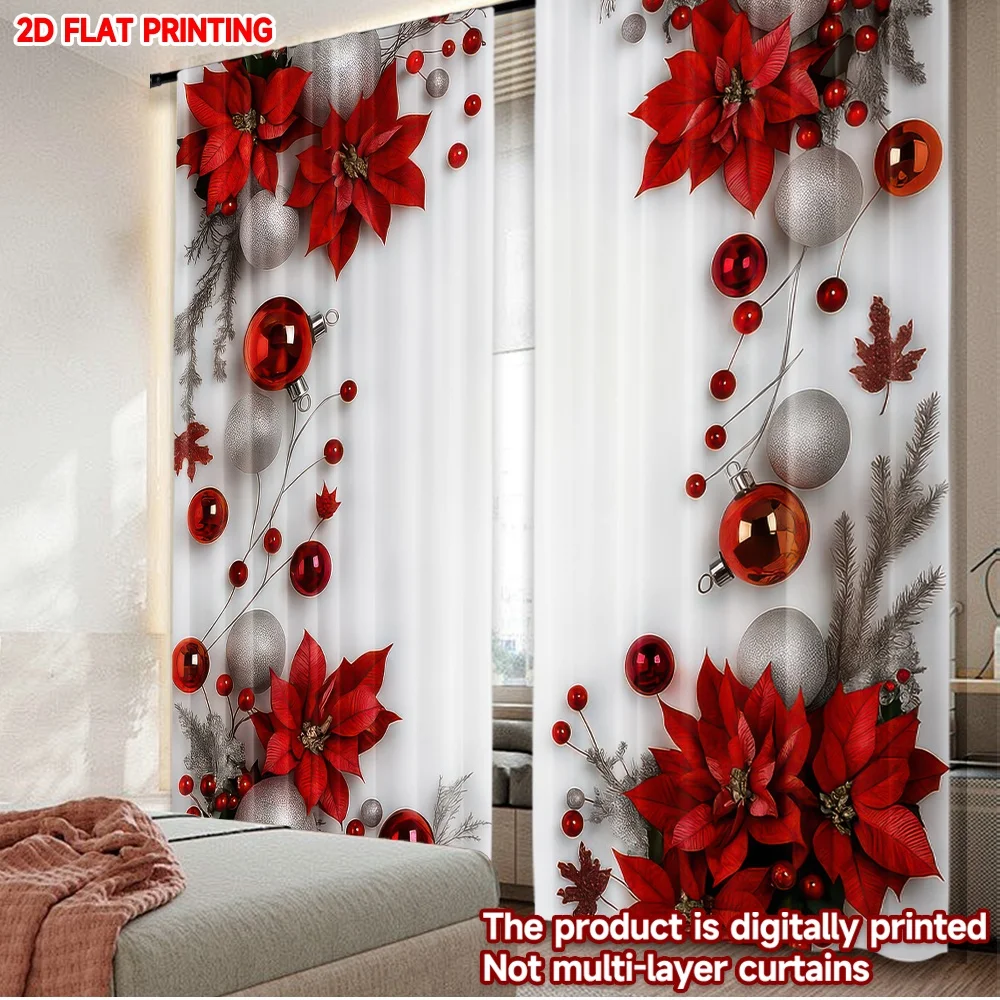 2D-Flachdruck, 2 Stück, Weihnachtsvorhänge, Weihnachten, roter Weihnachtsstern, digital bedruckte Polyester-Vorhänge, Frühling, perfekt für Fotos