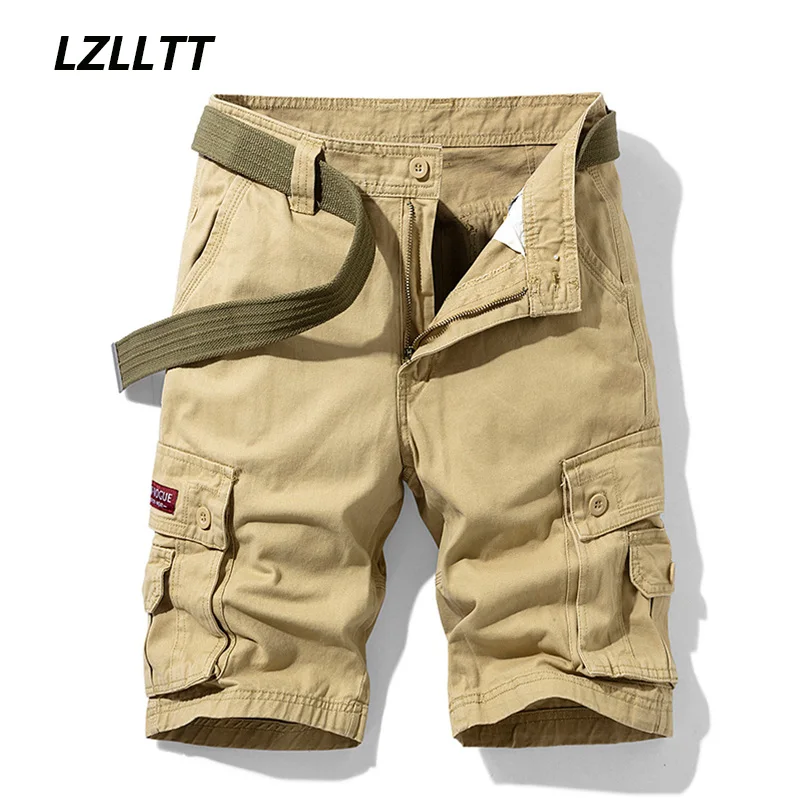 2023 New Summer Mens Multi Pockets Cargo Shorts Men Fashion Solid Cotton Military Short Outdoor Casual Bermuda Beach Shorts Male