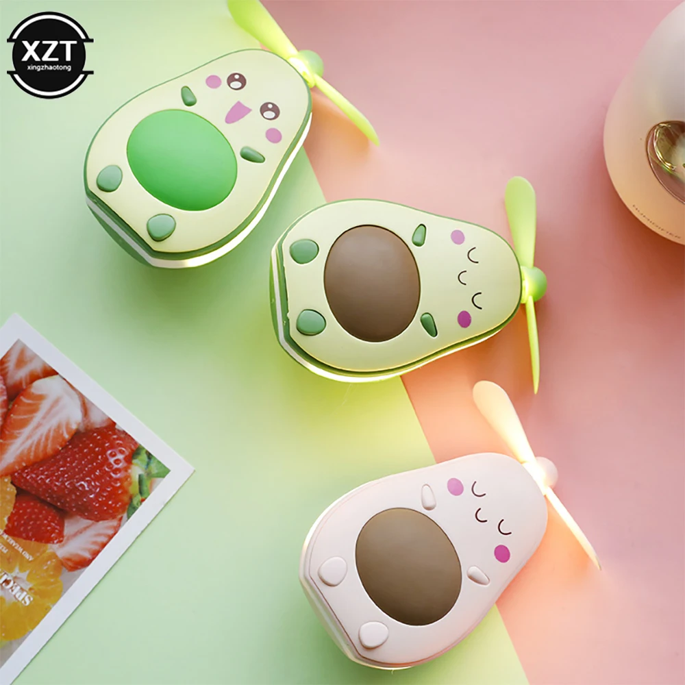 Mini Multifunctional LED Makeup Mirror and Fan 2 In 1 Integrated Cute Avocado Shaped Practical Portable USBCharging Handheld Fan