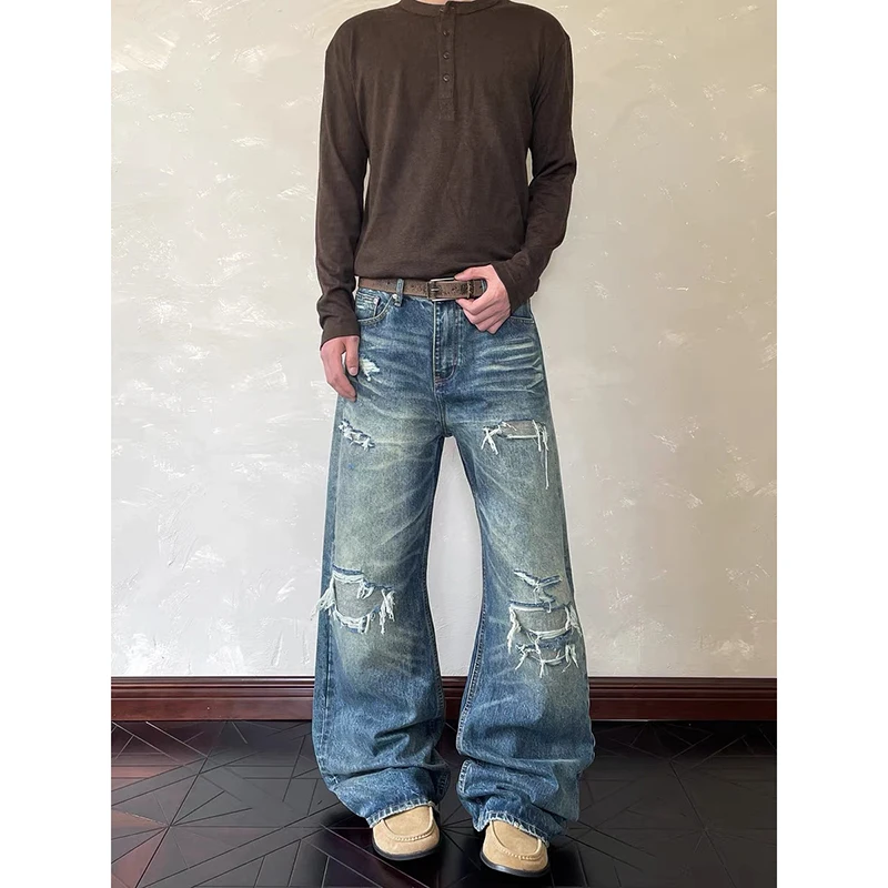 

ZHIZOU, осенние женские синие рваные джинсы Y2k, винтажные мешковатые джинсовые брюки в стиле Харадзюку, эстетический стиль 2000-х годов, джинсы большого размера, брюки