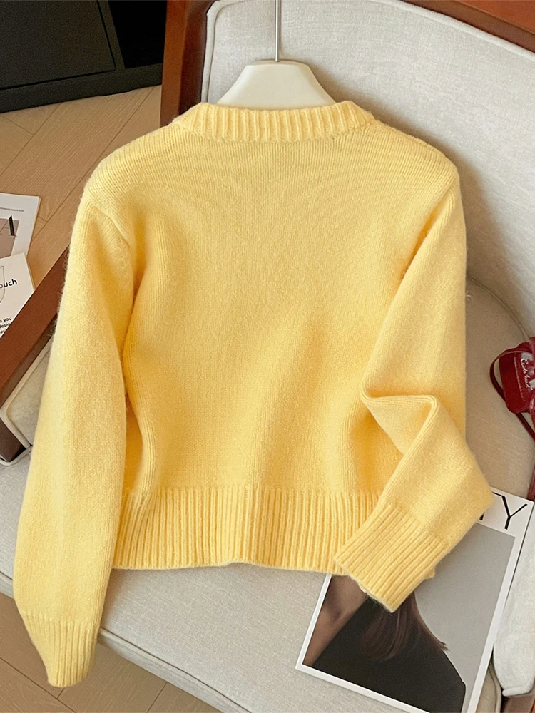 Women Yellow Cardigan Sweater Harajuku 90s Vintage Korean Y2k Long Sleeves O-Neck Cashmere Sweaters Jumper 2000s Clothes Autumn