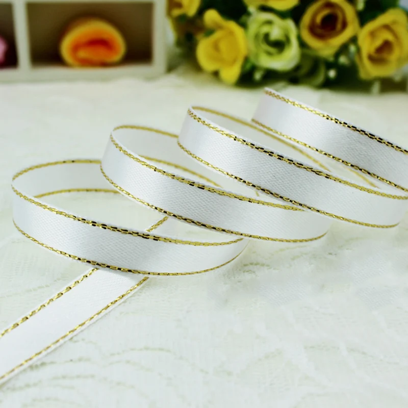 (25 yards/lot)3/8\'\' (10mm) satin ribbons black golden edge ribbon wholesale high quality gift packaging ribbons