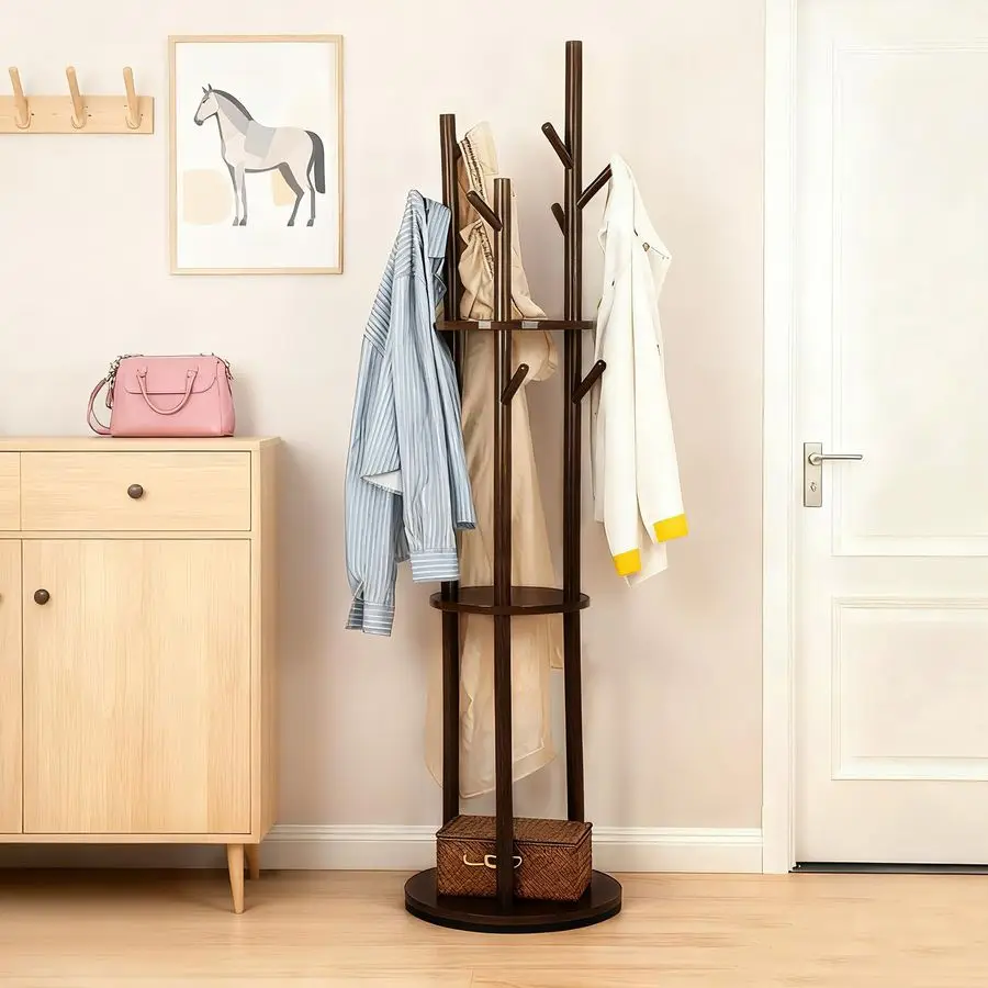 

Coat Rack, Solid Pine Wood Rotary Coat Tree with 3 Shelves and 9 Hanging Handles, Coat Hanger Stand for Bedroom, Entryway, Livi