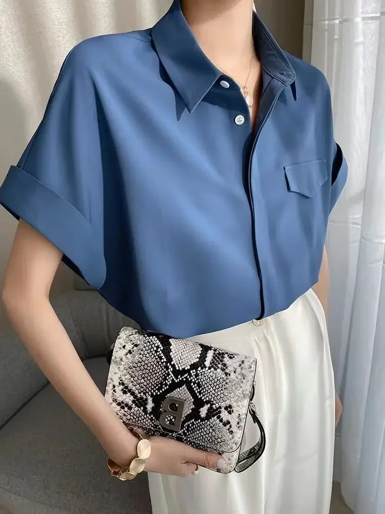 

Women's Summer Satin Shirt Short Sleeve Polo Collar Office Lady Blouse All-Match Tops