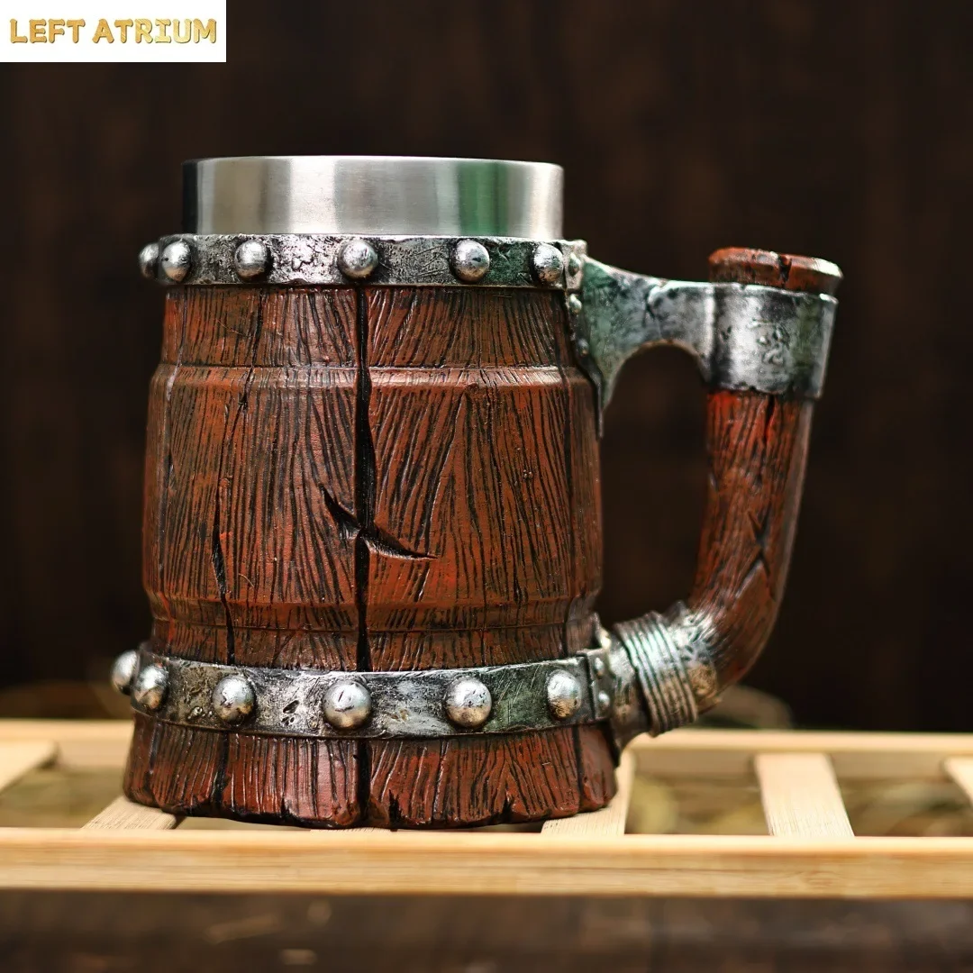 2026 New Vintage Wooden Barrel Viking Beer Mug Stainless Steel Liner Creative Tankard for Home Bar Coffee Gift Coffee Mug