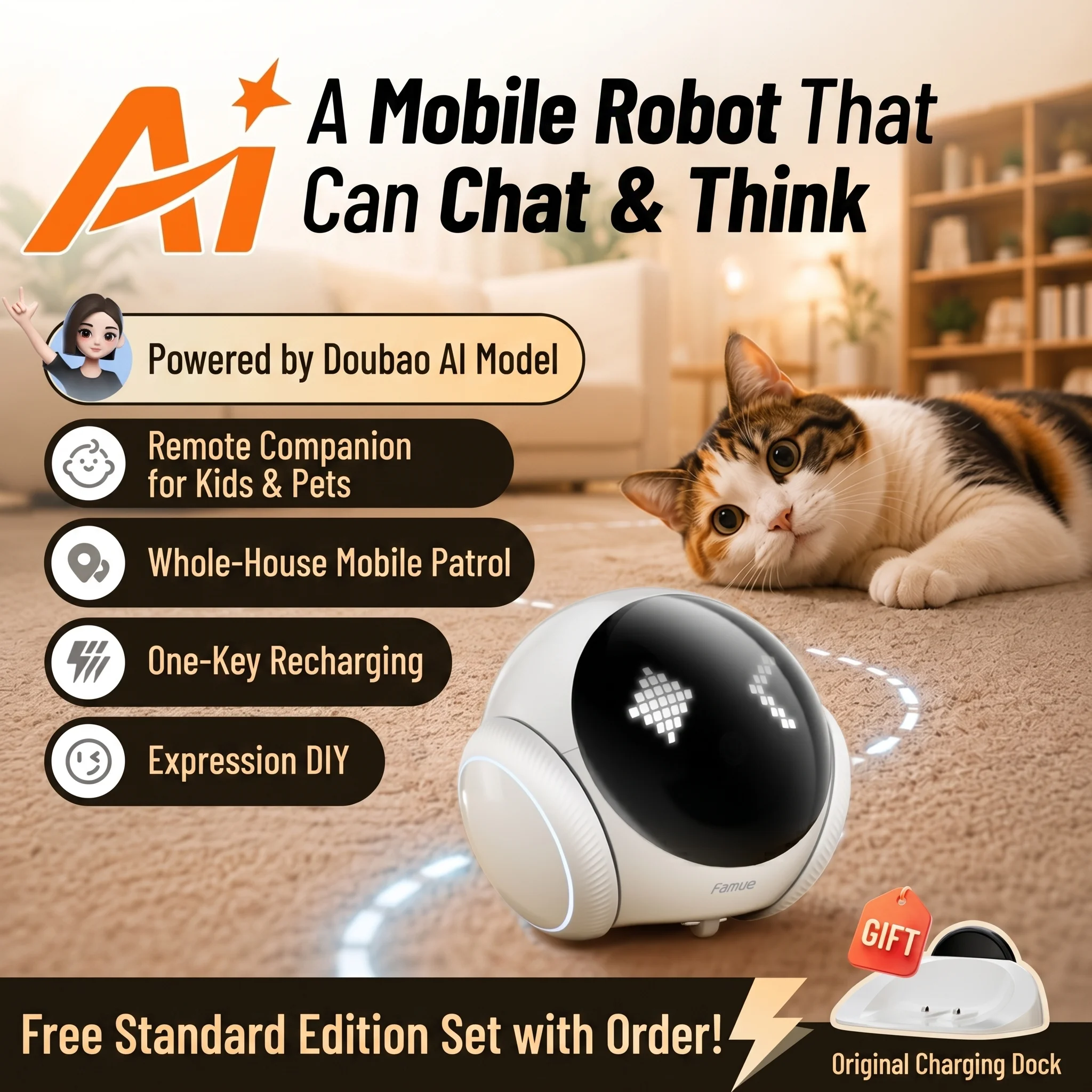 2026Famue Automatic Charging Robot Camera HD 5G WIFI IP Camera Pet Mobile Tracking Night Vision CCTV Remote View TUYA APP Camera