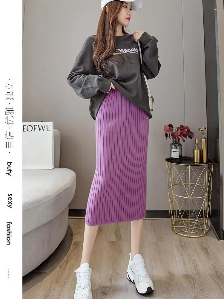 ผู้หญิงลายดินสอ Midi ถักกระโปรงสุภาพสตรีฤดูใบไม้ร่วงฤดูหนาว Warm ตรงยืดหยุ่นเอวสะโพกแยกกระโปรง