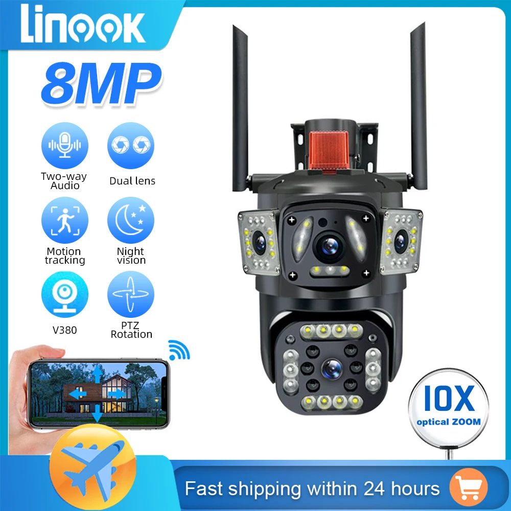 Linook dual lens,V380 8MP 4K,wireless CCTV camera PTZ 10X zoom IP security camera 4G SIM card,CCTV outdoor waterproof,WiFi camer