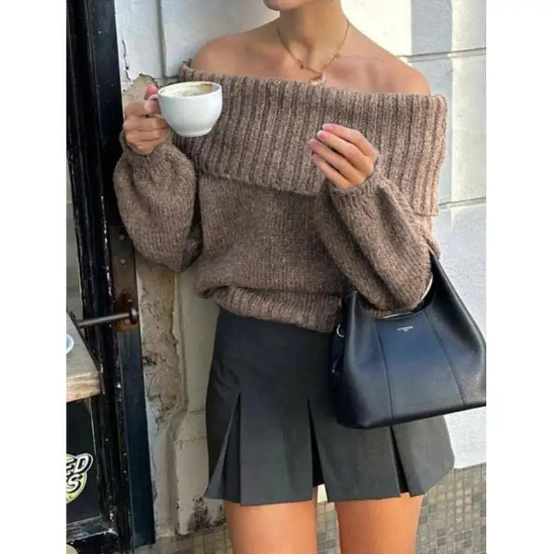 

Simple Knitted Long Sve oulder Bared Pure Color Cross Border Sle for Women Ciwalk Collar Nine Point Sve Defo...