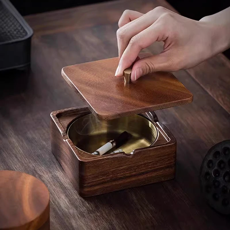Nordic Walnut Solid Wood Covered Ashtray Home Living Room Office Desktop Hotel Decoration, Creative Stainless Steel Ashtray, 1Pc