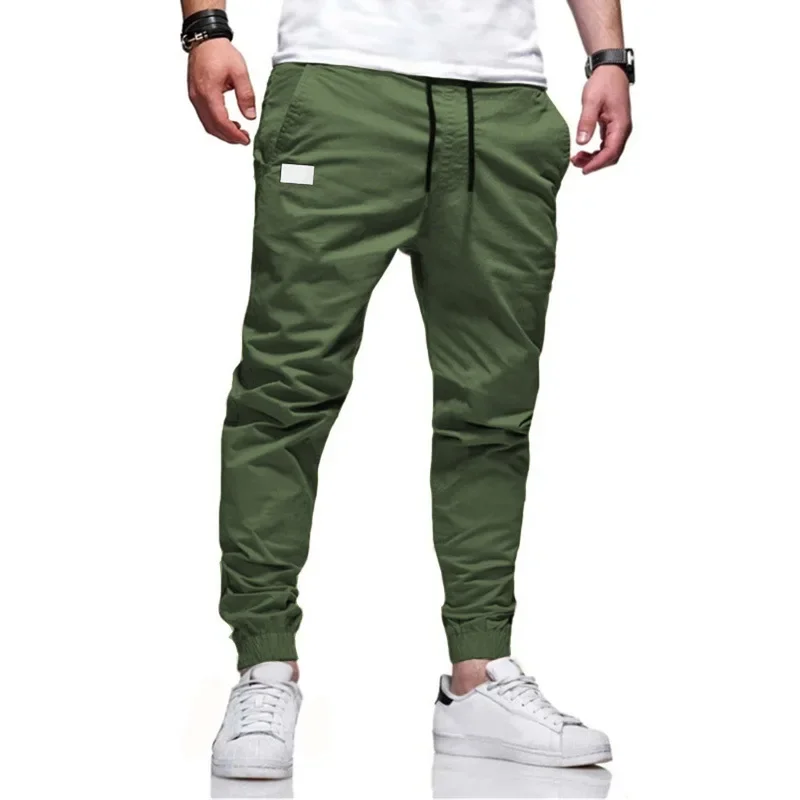 

Autumn Men Cargo Pant Long Pants Solid Straight Trousers Lace Up Elastic Waist Slim Fit Pocket Splice Casual Drawstring Summer