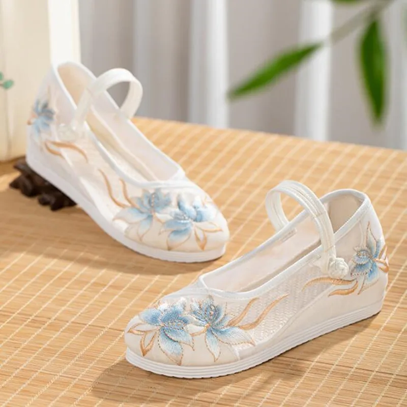 Women Air Mesh Embroidered Summer Shoes Ethnic Mary Jane Dress Pumps Internal Height Increased Ladies Retro Breathable Sandals