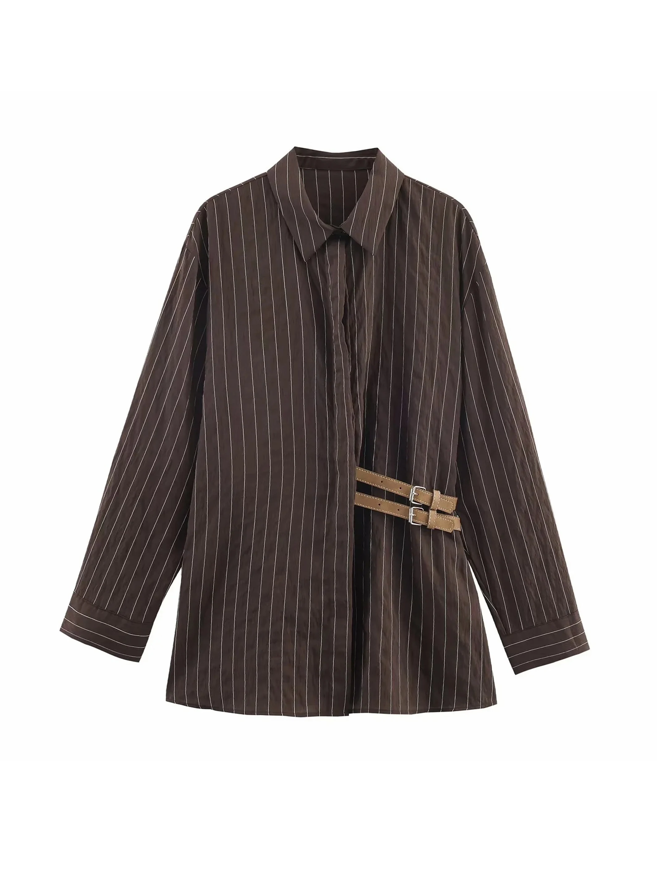 女性の新しいシャツ秋スタイルストライプ長袖シャツウエストバックル装飾ルーズカジュアルファッション多用途