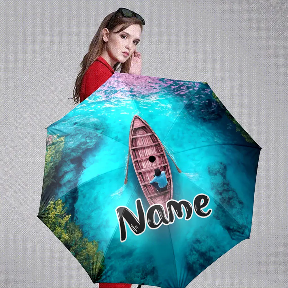 Custom Name Umbrella Calming Boat Ride Over Turquoise Water Scenic Umbrella Design Portable Folding Umbrella,Christmas Gift