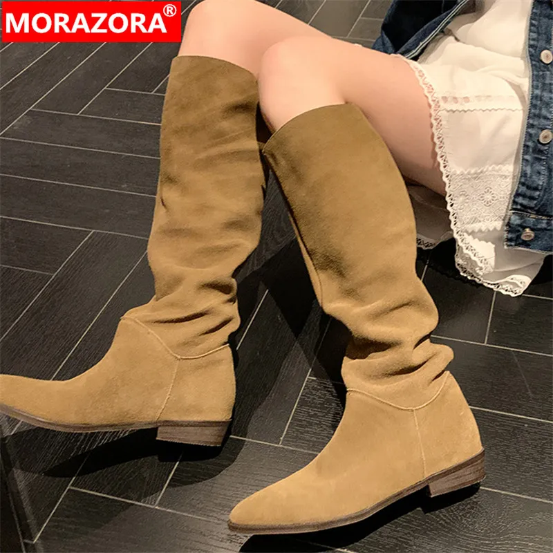 

MORAZORA 2024 New Size 34-42 Ladies Slip On Knee High Boots Thick Low Heels Shoes Cow Suede Winter Women Boots