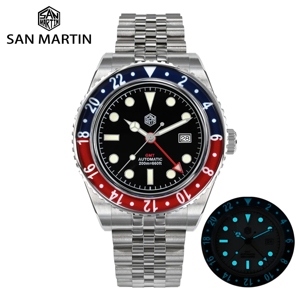 San Martin New 40mm Luxury GMT Sports Style Full Luminous Bidirectional Bezel Men Automatic Mechanical Watch Sapphire 20Bar BGW9