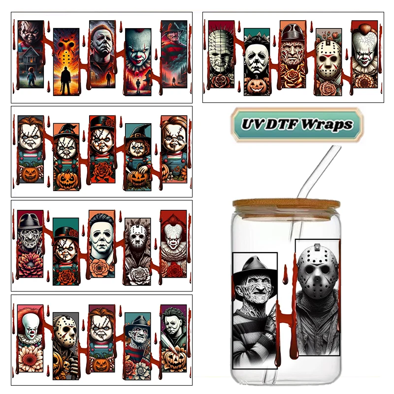 Halloween Horror Movie Character UV DTF Wraps Blood Drip Rose Pumpkin Waterproof Decals for 16oz Libbey Glass Cans