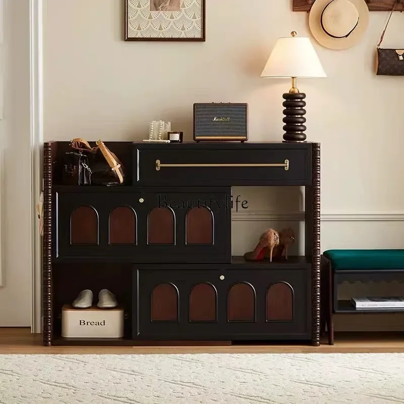 

ls 42French retro solid wood simple home shoe cabinet medieval home door integrated against the wall shoe cabinet