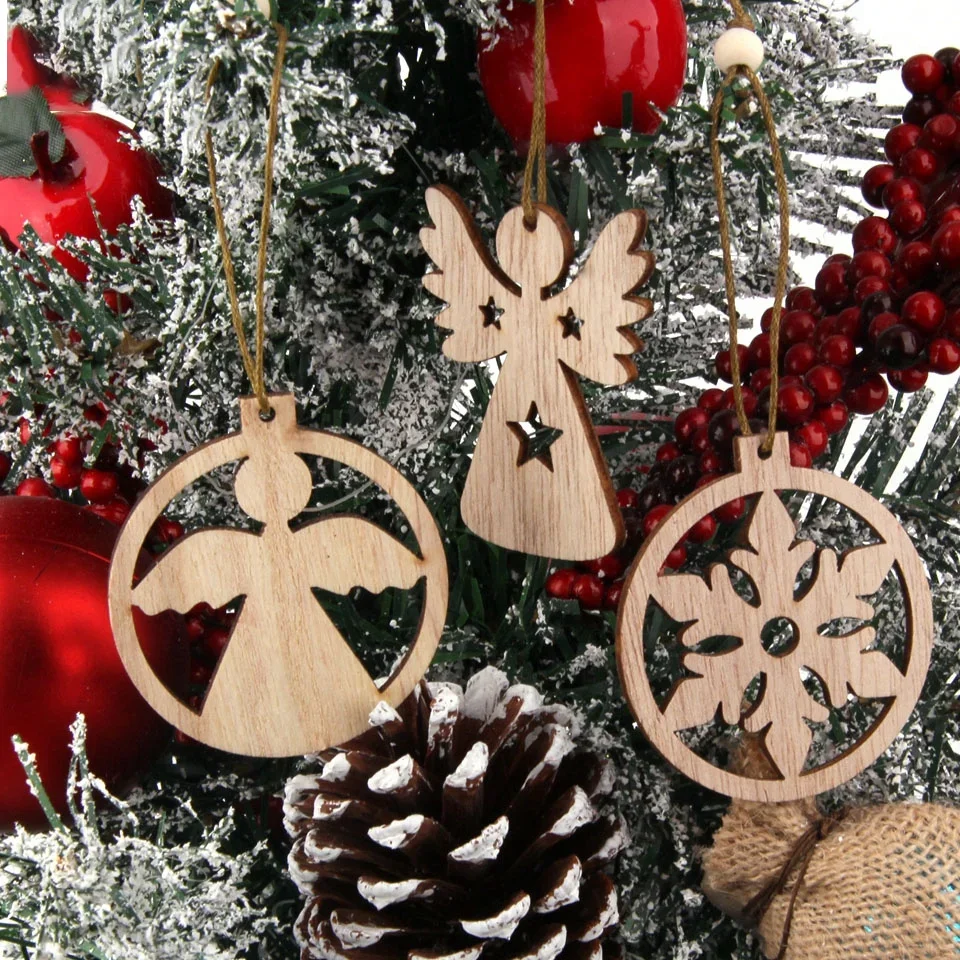 12PCS Christmas Wooden Pendants No Box Hallow Star/Angel/Tree Ornaments Home Xmas Tree Hanging Decoration Kids Gift Supplies