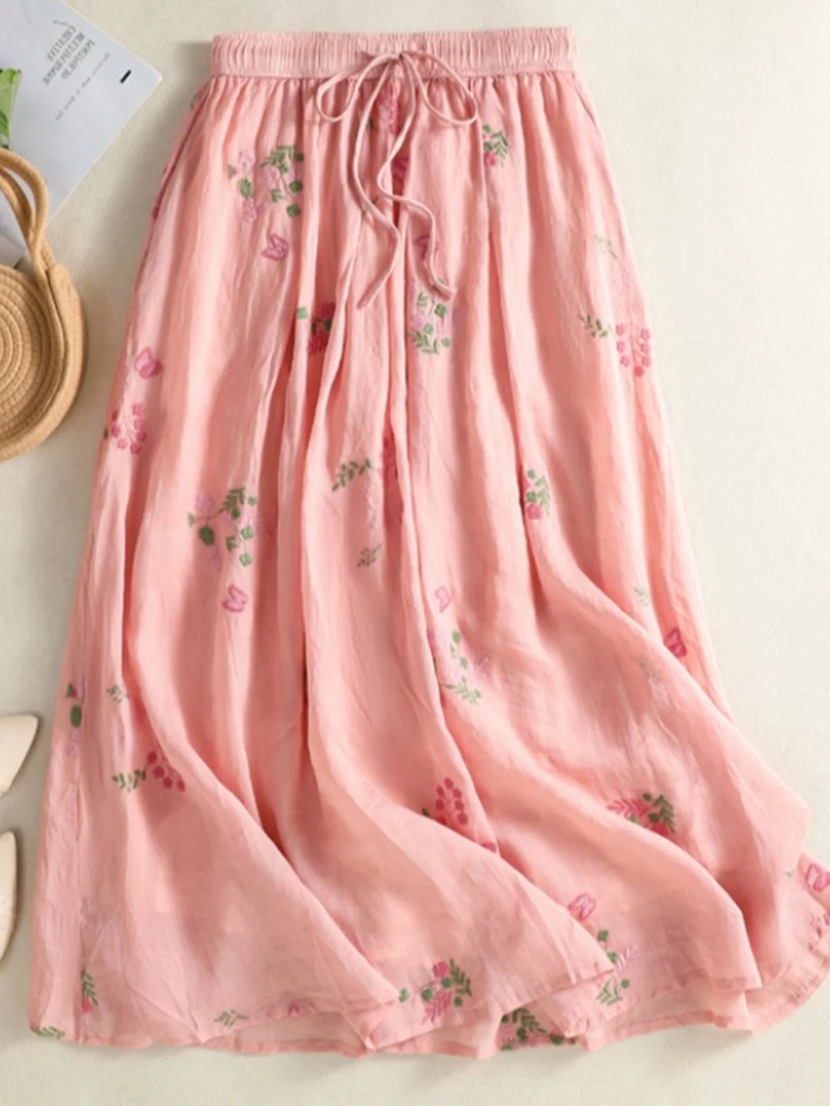 Artistic Embroidered Lightweight Flax Double Layer f Skirt Elastic Waist Dstring Slim A-Line Skirt plus Size Women's Fa...