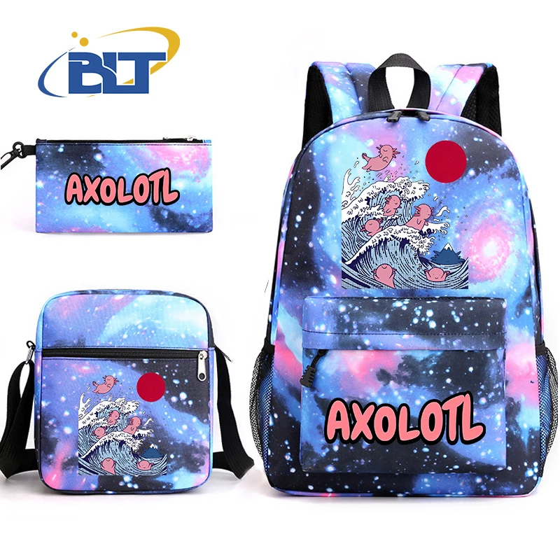 Cute Axolotl Printed Student Schoolbag Youth Backpack Shoulder Bag Pencil Bag 3-piece Set Kids Gift