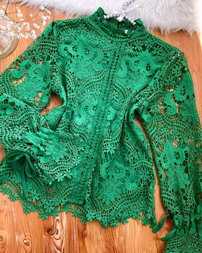 

Casual Fashion Blouses for Women 2024 Spring Summer Lace Hollow Out Long Sleeve Stand Collar Drawstring Top Pullover Top
