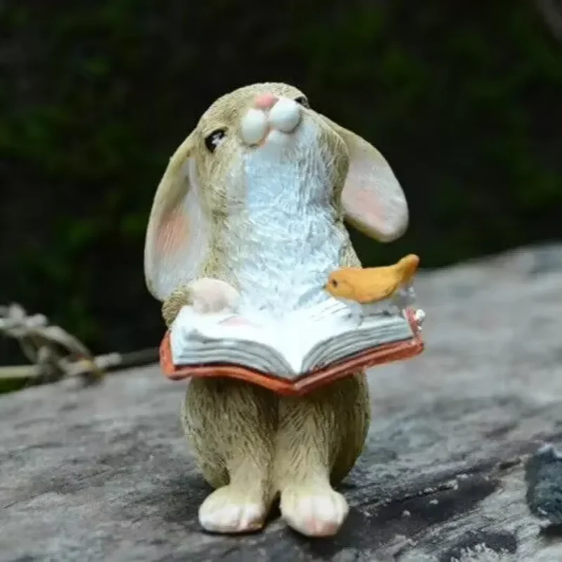 Reading Bunny Rabbit Statue Garden Sculpture Tabletop Figurine Home Decor Gifts