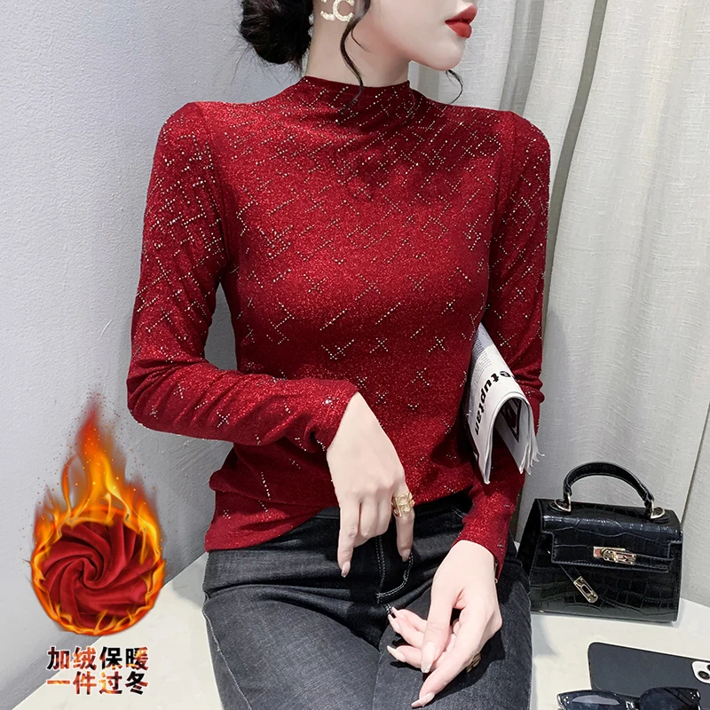 MadBlack European Clothes Tshirt Women Thicken Fleece Mock Neck Shiny Diamonds Slim Tops Long Sleeve Tees Autumn Winter T3N629JD