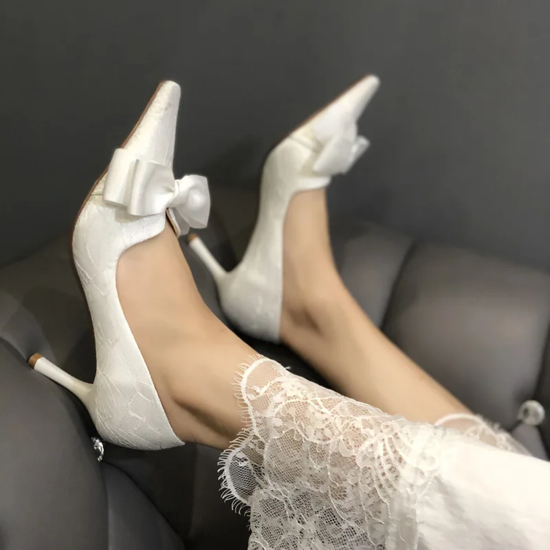 Ladies Sexy Stiletto Heel Bowknot Wedding Shoes Bride Thin High Heels White Pumps Women 2022 Square Toe Dress Party Shoes