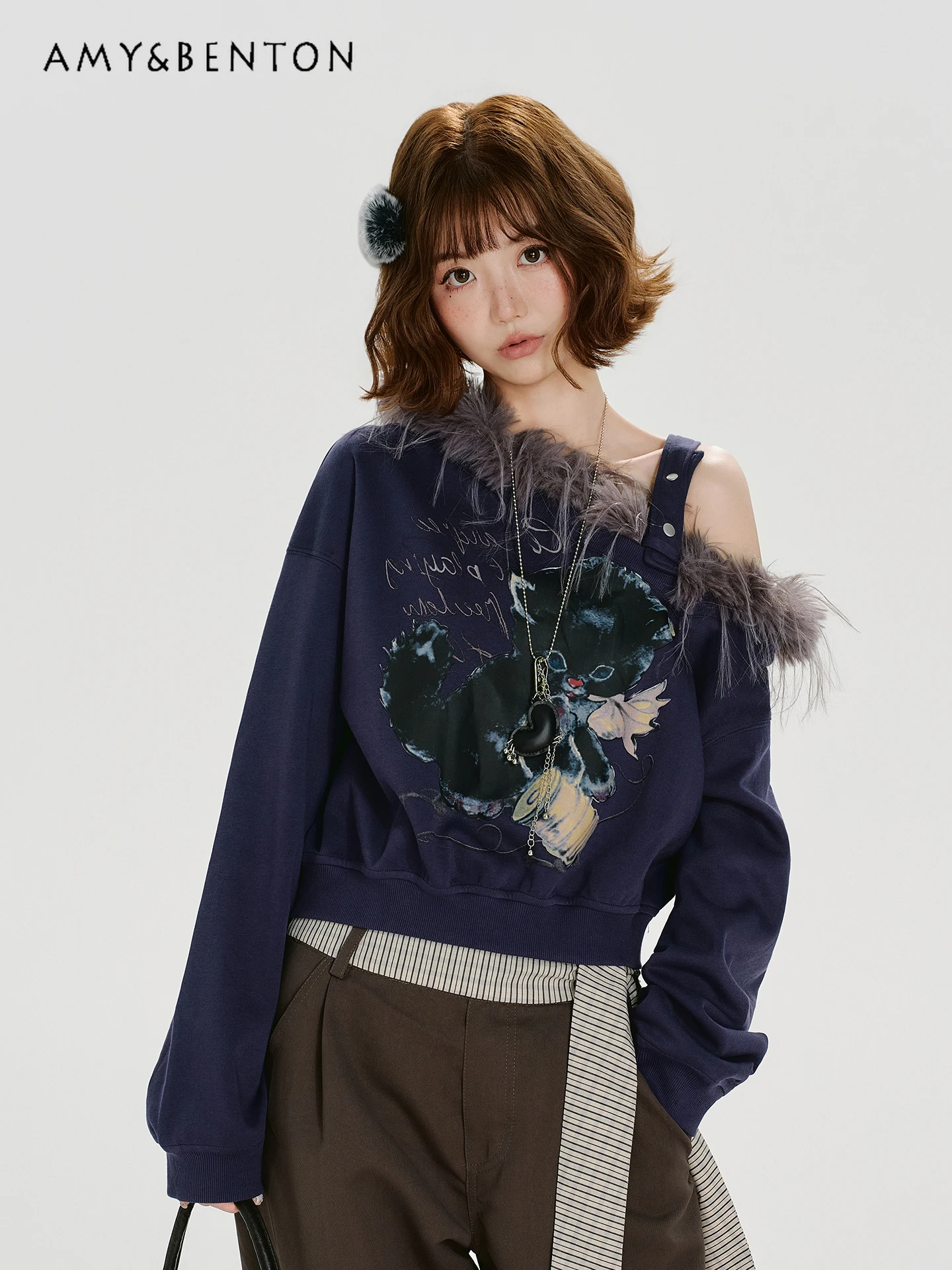 

Spring and Autumn New American Retro Style Women's Fur Collar Cat Print Asymmetrical Long Sleeve Dark Blue Short Sweatshirt