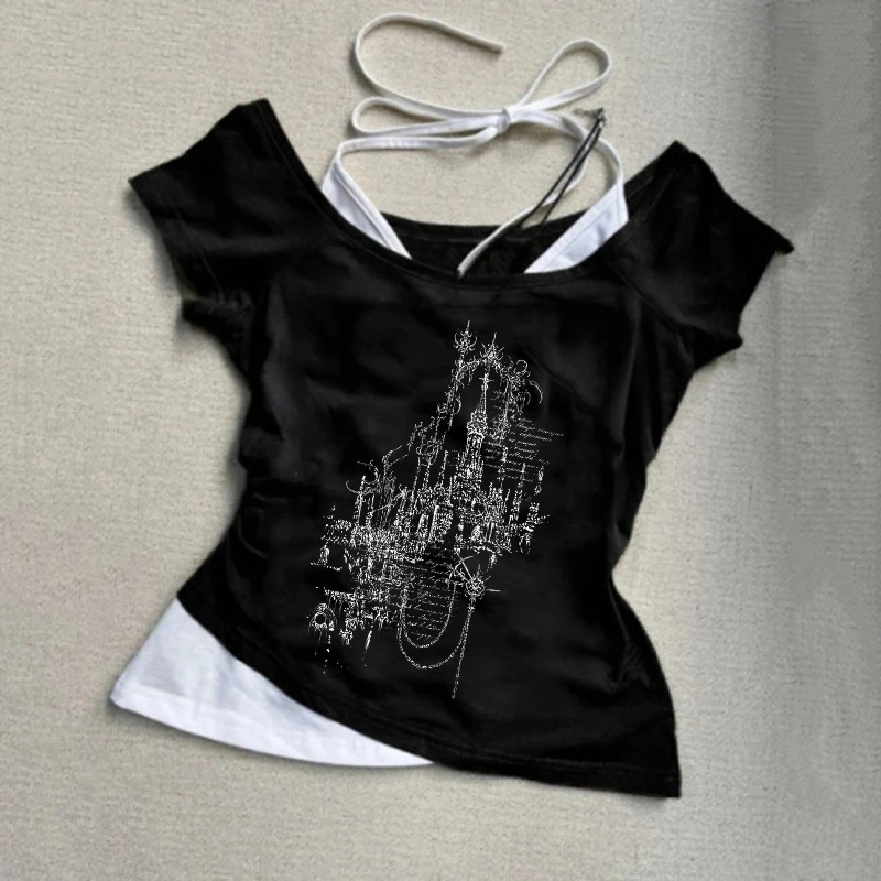 2000 년대 하이 스트리트 크리에이티브 코믹 패턴 프린트 티 고딕 펑크 Y2K 레트로 슬림 탑 패션 다목적 섹시한 클래식 여성 티셔츠