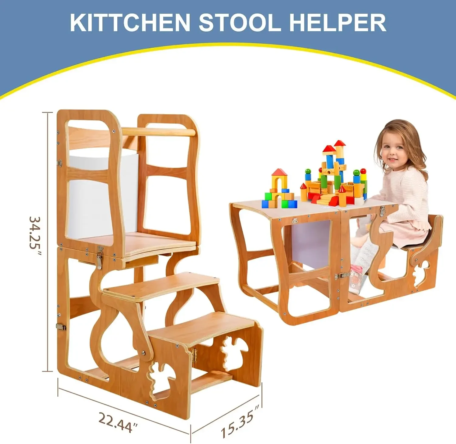 Tower Kitchen Stool  Standing with Chalkboard, 3 in 1 Step Stools for Kids Back, Learning Wooden Kitchen, Free Hands, Easy Assem