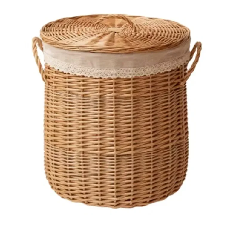 Japanese Laundry Basket with Cover, Natural Willow Toy Basket, Dust Proof Storage Basket, Bathroom Clothes Organizer Box