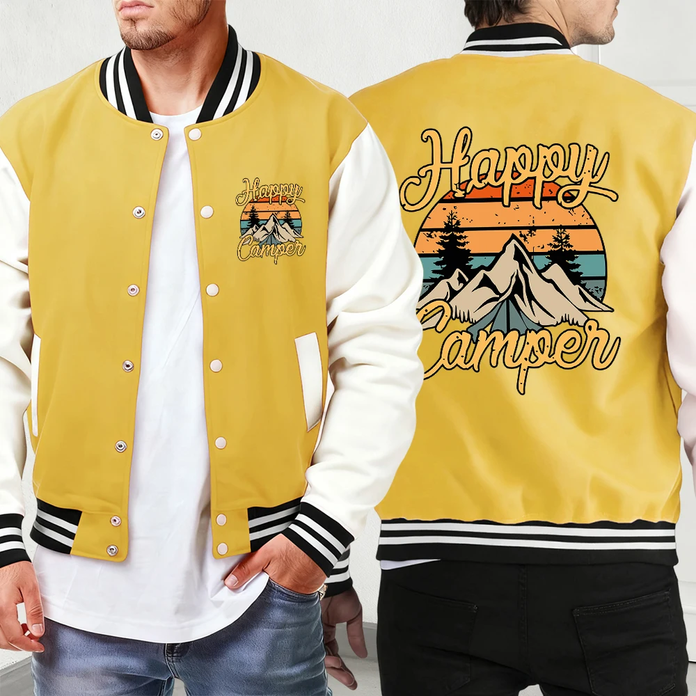 

Happy Camper Mountain Print Autumn Loose Coat Man Hip Hop Autumn Jacket All-Match Casual Streetwear Basics Comfy Baseball Jersey