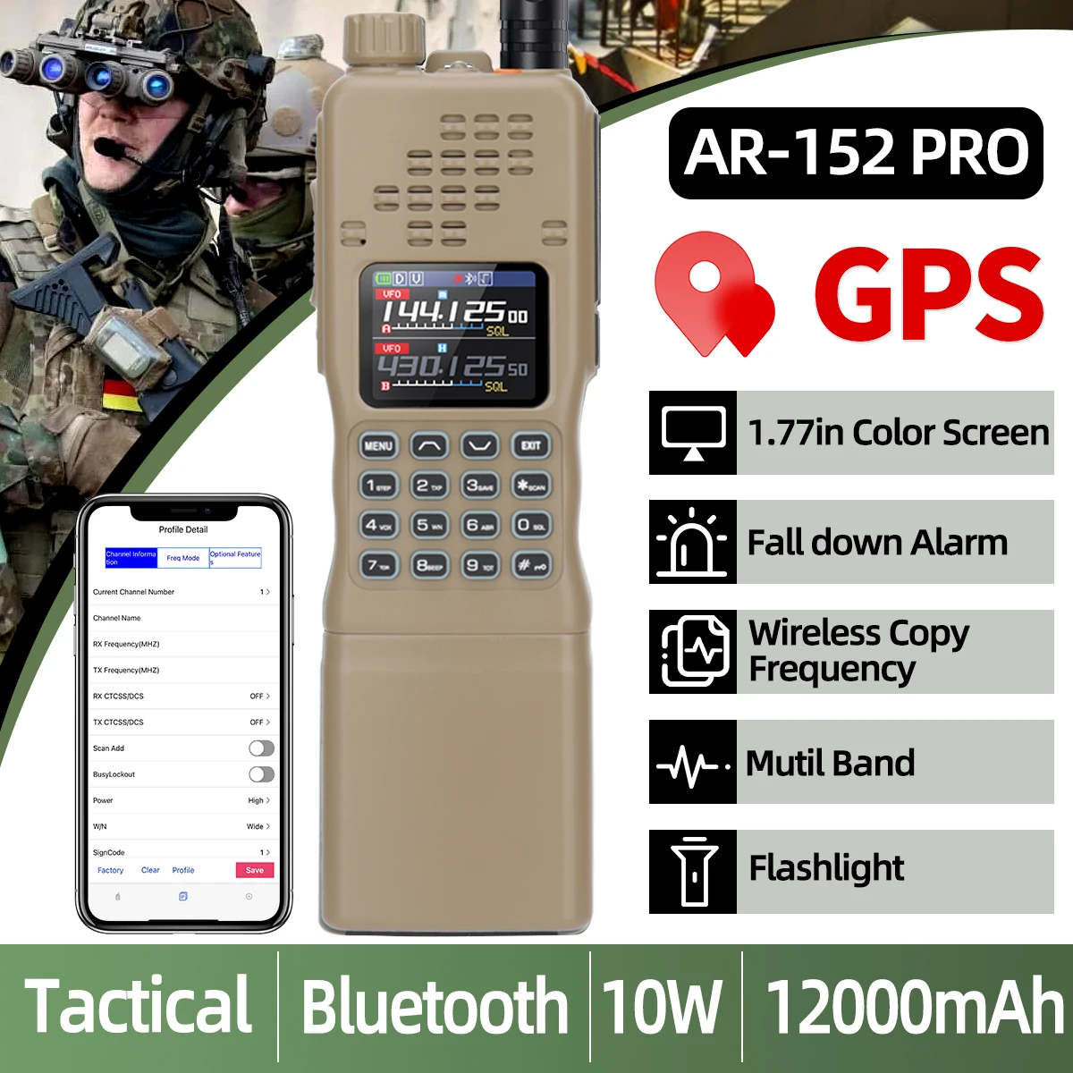BAOFENG AR-152 PRO GPS 10W Walkie Talkie Bluetooth Phone Programming Multi Band Long Range 1000CH 12000mAh Tri-power Ham Radio