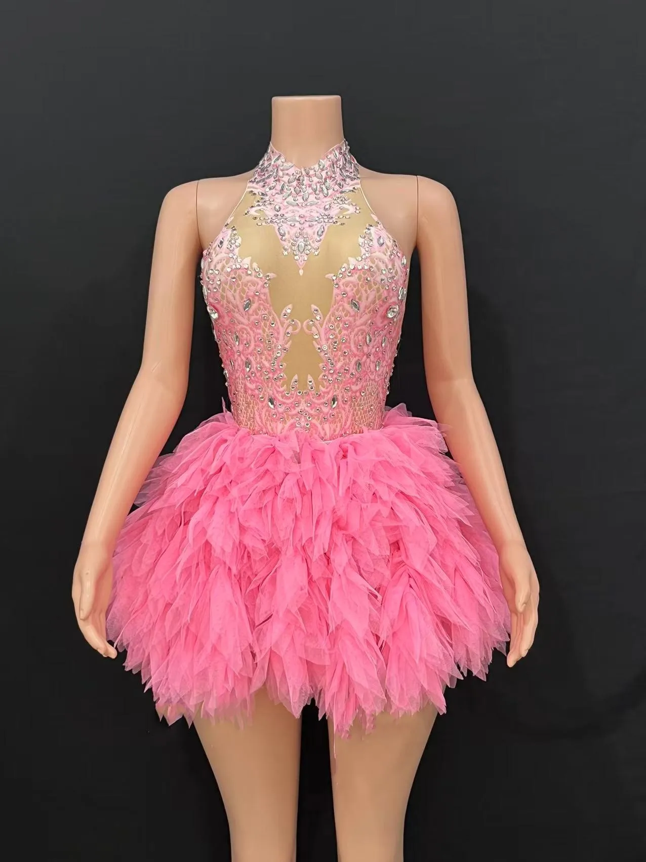 

Nightclub bar female singer pink multi-color print gauze dress gogo performance dress