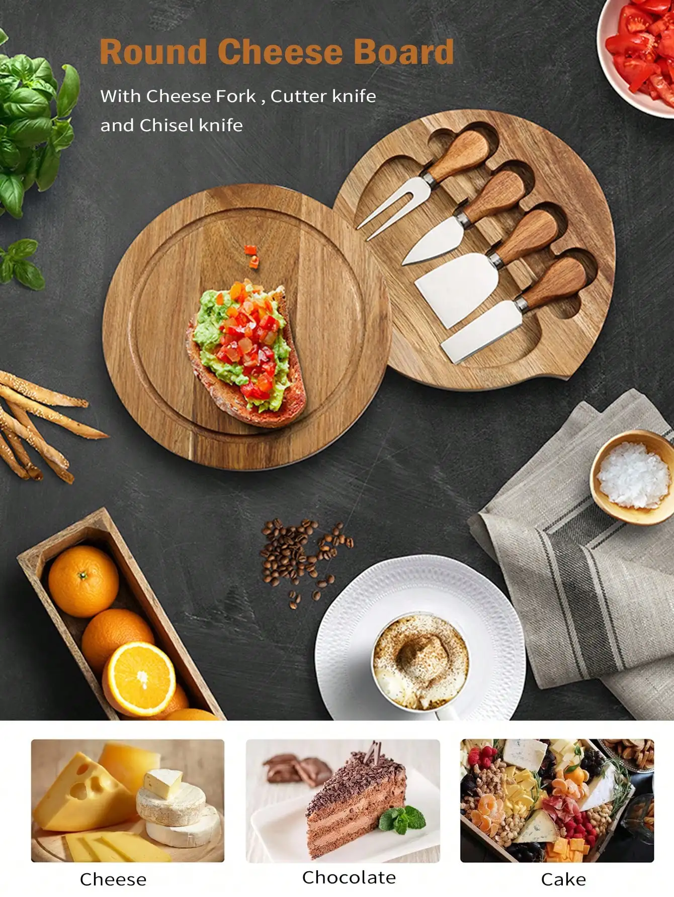 D5 Wood Round Cheese Board and 4 Knives Set Charcuterie Boards Set Pizza Bread Dessert Knife Portable Tableware Fruit Knife Fork