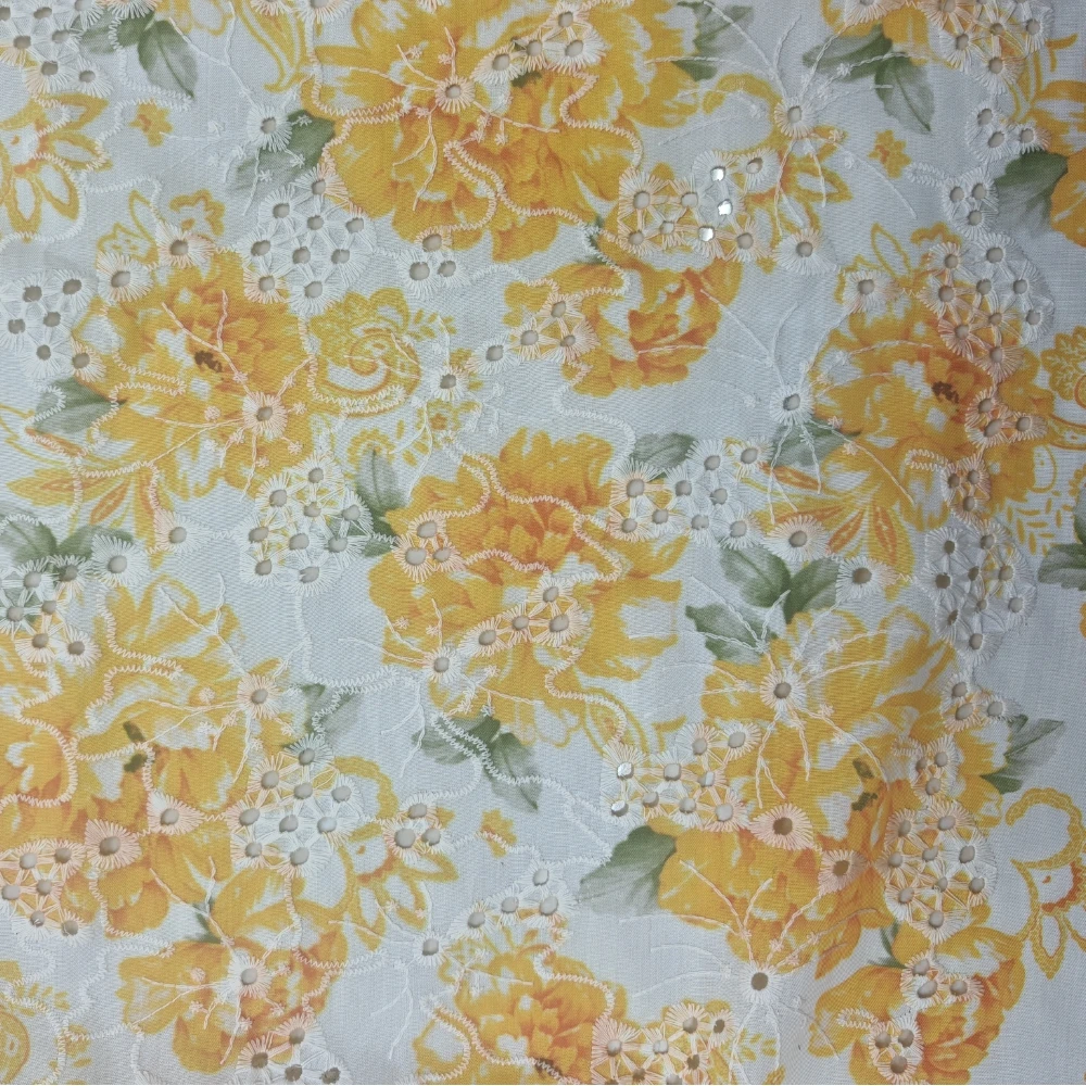 100% Digital Combed Printed Embroidery Lace Fabric for Women Dress Clothing Woven Cotton Print Fabric for Designer DIY Textile