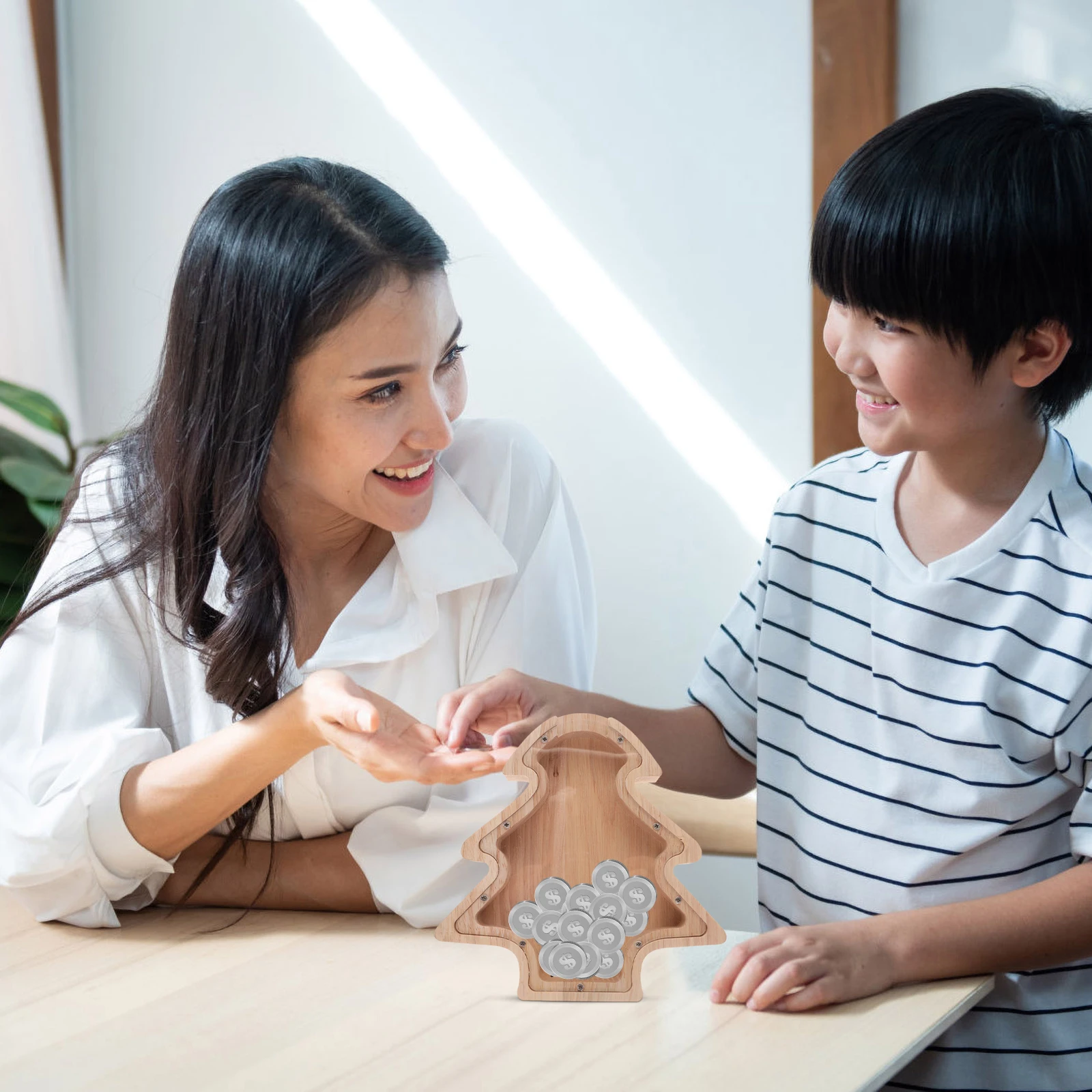 

JOINPAYA Christmas Tree Piggy Bank Wooden Jar for Adults Vacation Fund Money Storage Beige Decorative Savings Box