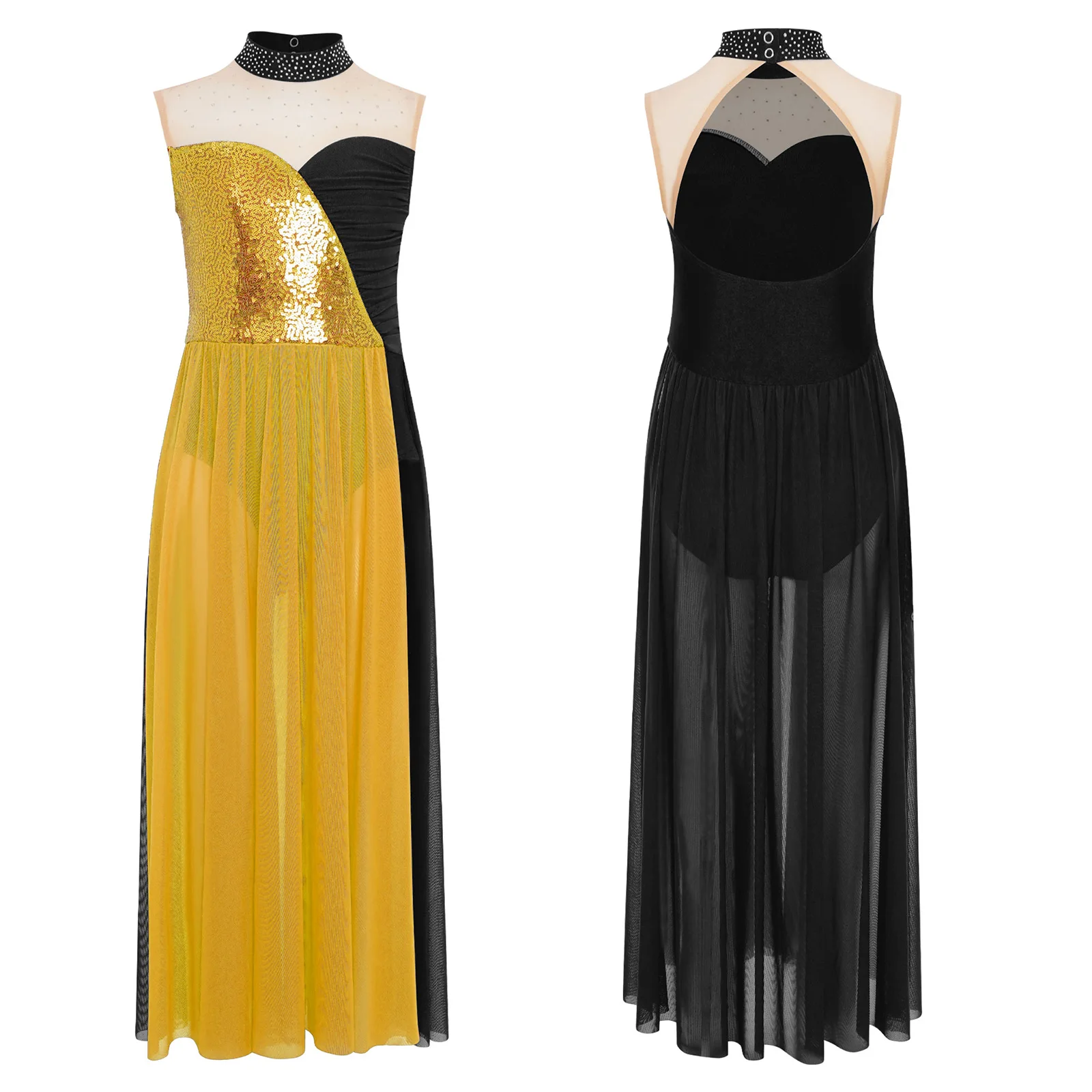 

Girls Lyrical Modern Contemporary Stage Dance Performance Dress Sleeveless Sequins Bodice Side Split Sheer Mesh Maxi Dress