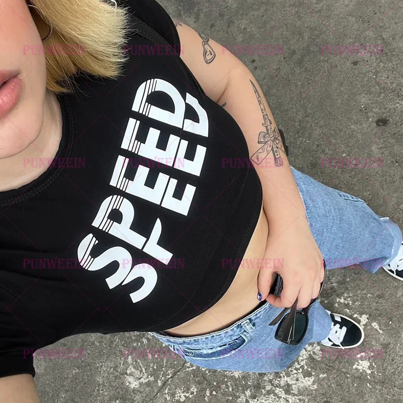 SPEED Letter print  punk Gothic Crop tops Short sleeve T-shirt Y2k Vintage Harajuku Streetwear Chic Hiphop Baby Tees Y2K Clothes