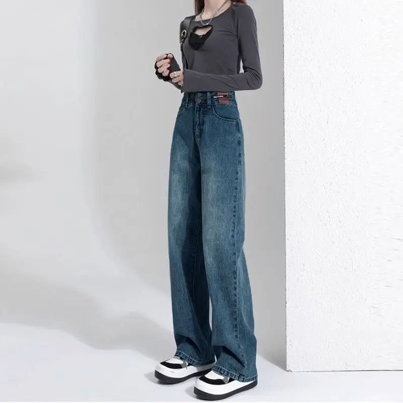 

2024 Универсальные джинсы с высокой талией и широкими штанинами, прямые брюки в пол, свободные женские брюки-клеш, прикрывающие бедра