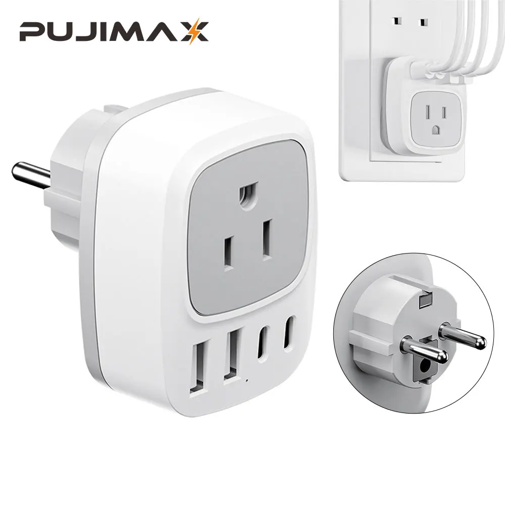 PUJIMAX 5 in 1 EU Travel Plug Travel Adapter Socket with 1 AC Outlet and 4 USB Charging Ports Wall Outlet Power Strip For Traver