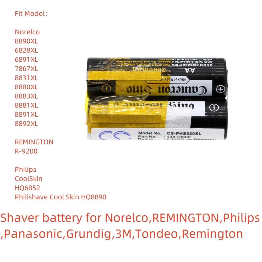 Ni-MH Shaver battery for Norelco,REMINGTON,Philips,Panasonic,Grundig,3M,Tondeo,Remington,2.4v,2000mAh,8890XL R-9200 CoolSkin