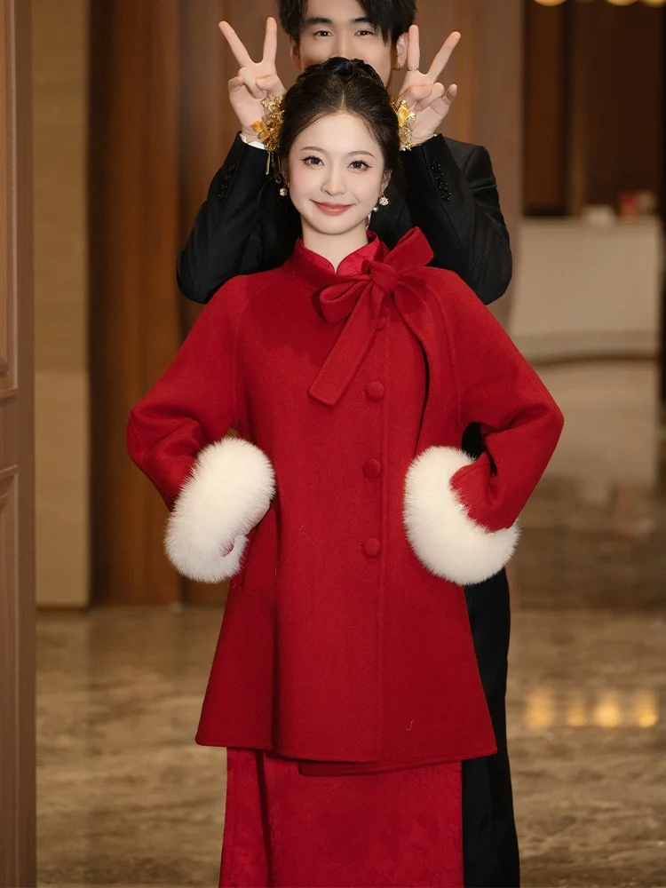 

Элегантное красное шерстяное пальто для женщин, свадебный костюм, приталенное платье миди в китайском стиле с длинными рукавами, зимняя мода