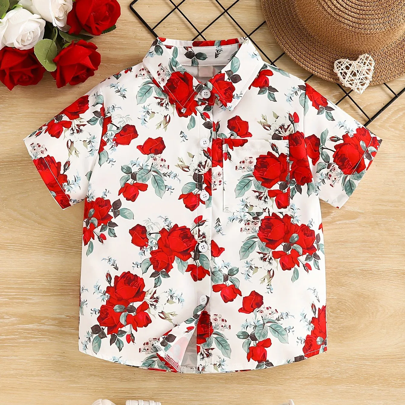 Girls Cute Sweet Strawberry Print Hawaiian Style ﻿Short Sleeve Shirt Lightweight Summer Vacation Top Fashionable Collar